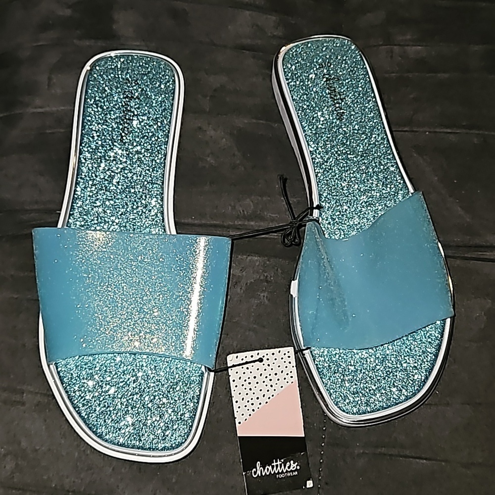 Chatties Footwear Pastel Blue Sparkle Glitter Slip-on White Sole Sandal Size 5/6